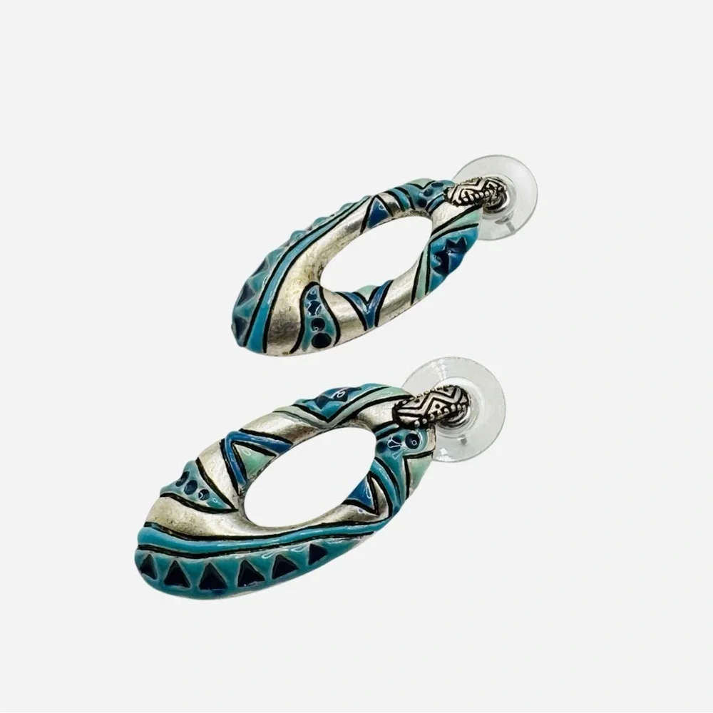 Southwestern Enamel Oval Drop Earrings Silver Tone Tribal Design Artisan Jewelry